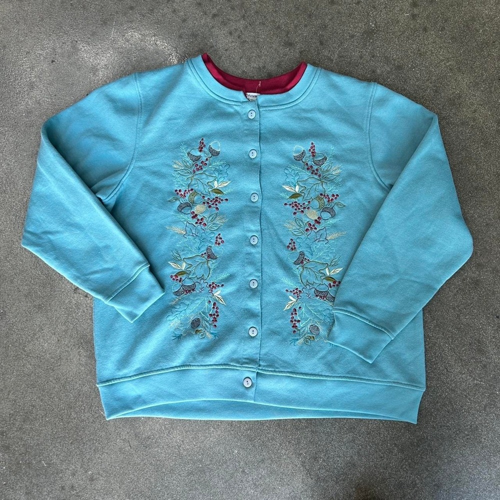Vintage Brunswick‎ Square Blue Floral Embroidered Button Up Cardigan Crewneck